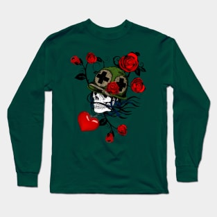 tattoo style skull with roses Long Sleeve T-Shirt